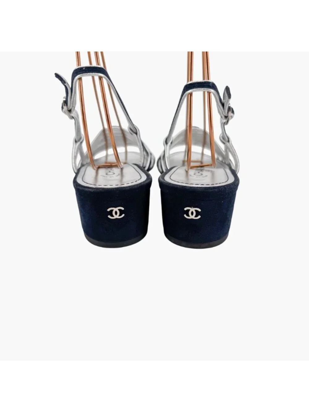 Chanel CC Strappy Slingback Sandals Block Heel Navy Blue Silver Size 37 US 6-6.5
